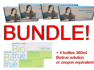 4 boxes of Bausch and Lomb Essentials, 2 boxes of Bausch and Lomb Biotrue ONEday lenses, and read writing that says "plus 4 bottles 360ml Biotrue solution or coupon equivalent."