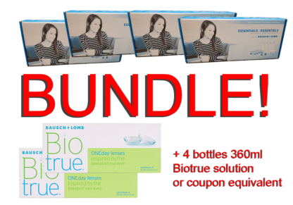 4 boxes of Bausch and Lomb Essentials, 2 boxes of Bausch and Lomb Biotrue ONEday lenses, and read writing that says "plus 4 bottles 360ml Biotrue solution or coupon equivalent."